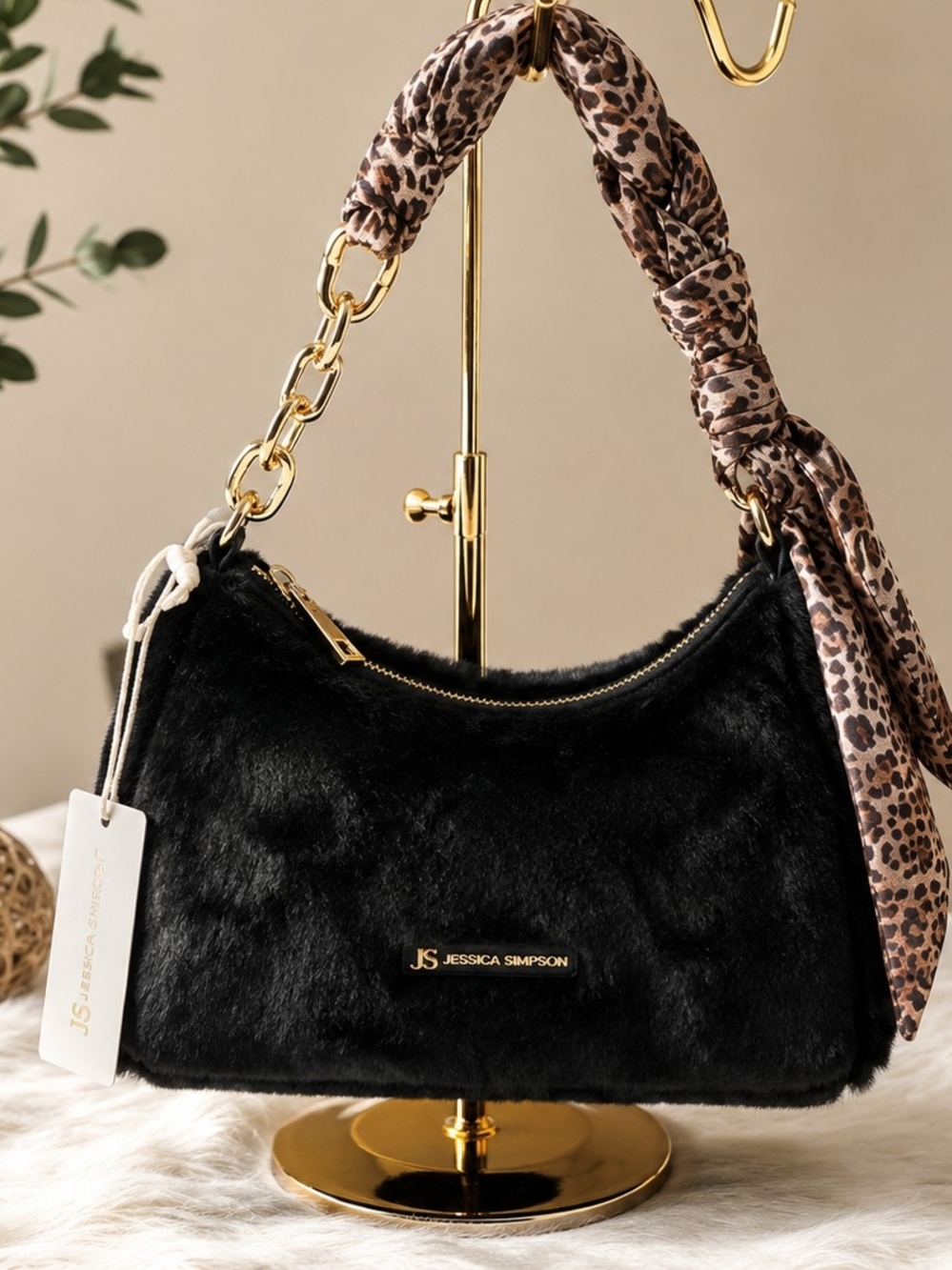 Jessica Simpson Black Faux Fur Shoulder Bag with Leopard Scarf Handle